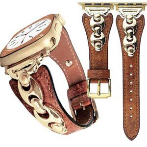 NEW Brown Leather Gold Buckle Apple Watch Band